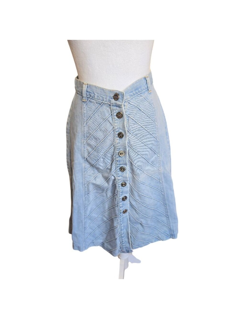 Vintage 80s Light Wash Button Front Denim A-Line Midi Skirt Western XS 26"